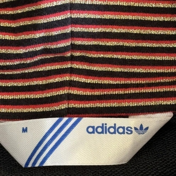 Adidas Girls Jacket Medium Black 3/4 Sleeve Red Gold Stripe Hood Bamboo Cotton - Picture 9 of 9